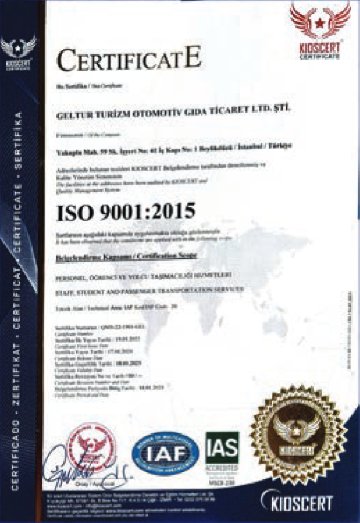 ISO 9001:2015 Kalite Yönetim Sistemi sertifikası